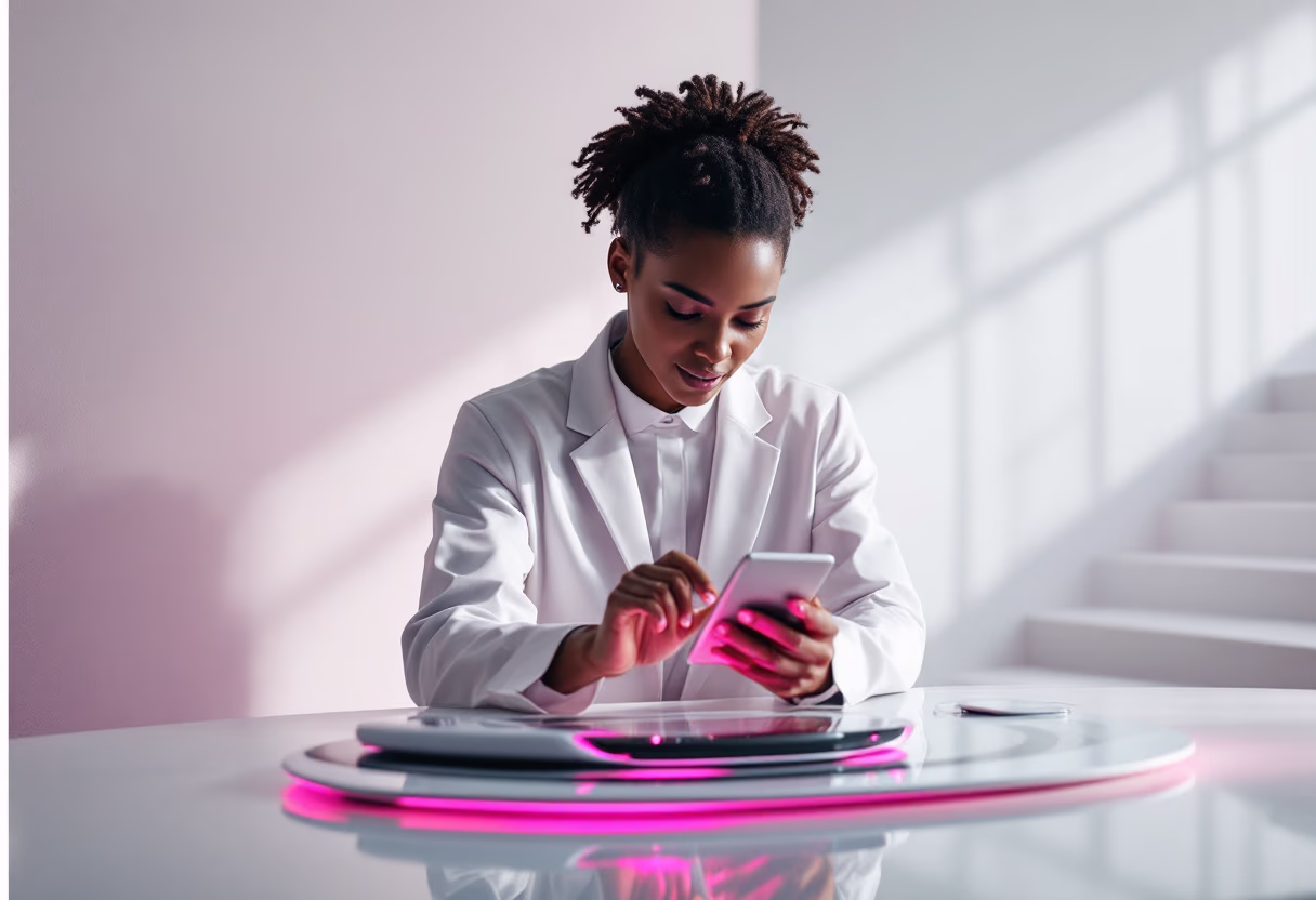 image of a diverse modern agent interacting with futuristic devices